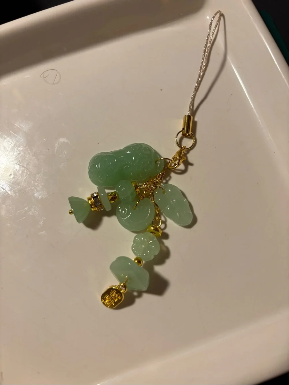 Green Jade-Inspired Charm Keychain with gold accents
